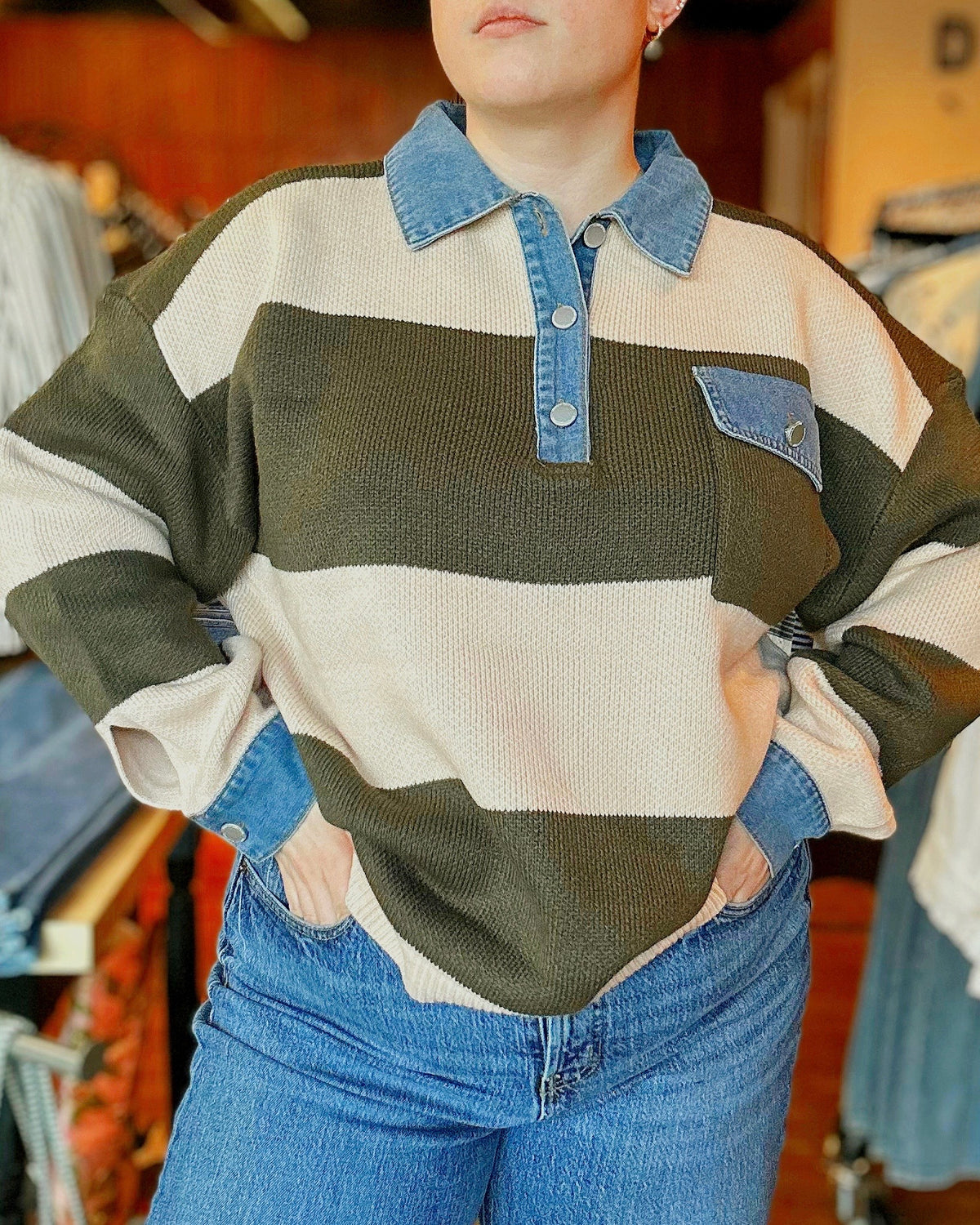 Striped Denim Collar Sweater Knit Top - Blackbird Boutique