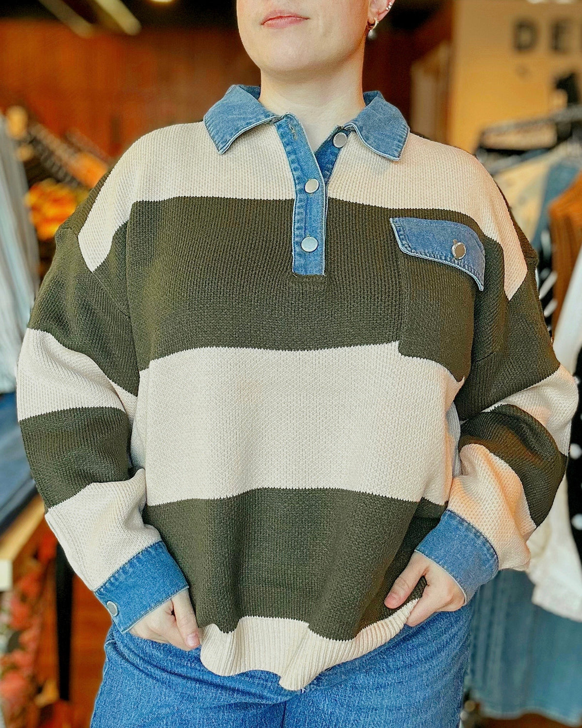 Striped Denim Collar Sweater Knit Top - Blackbird Boutique