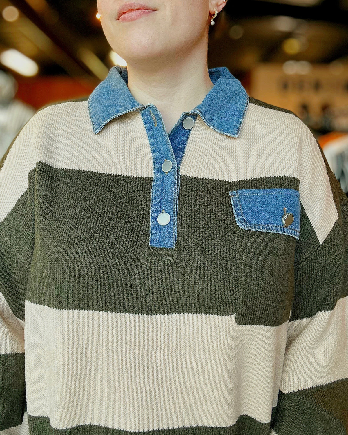 Striped Denim Collar Sweater Knit Top - Blackbird Boutique