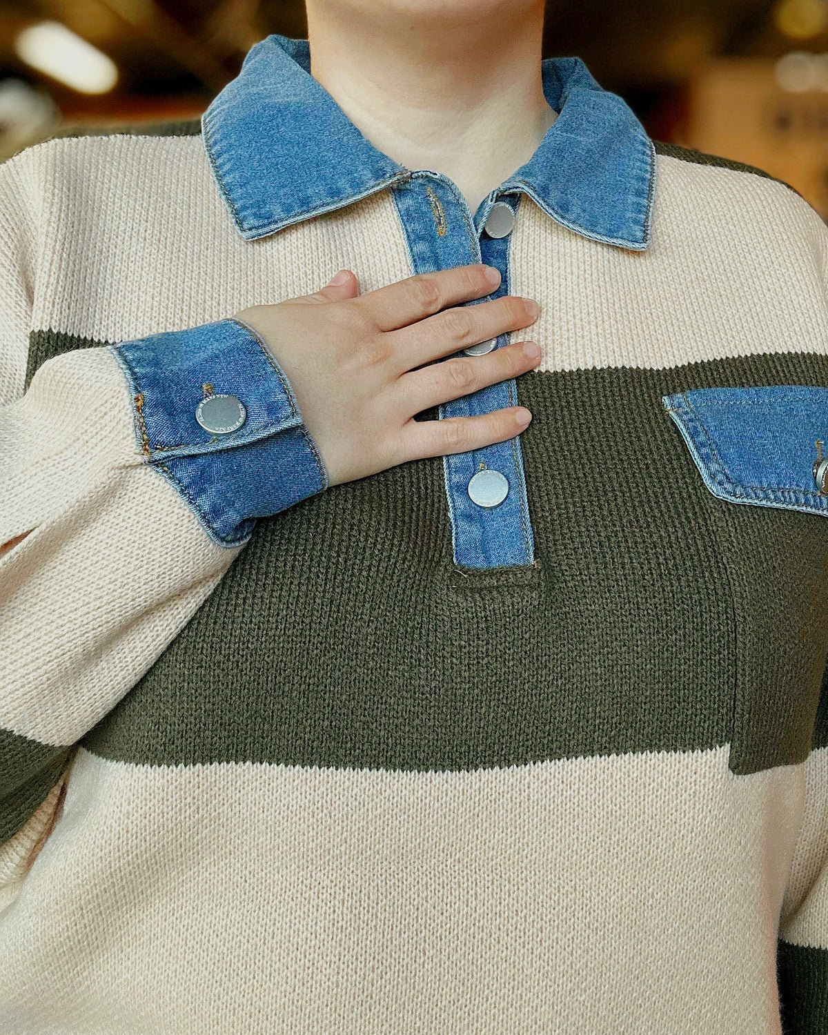 Striped Denim Collar Sweater Knit Top - Blackbird Boutique