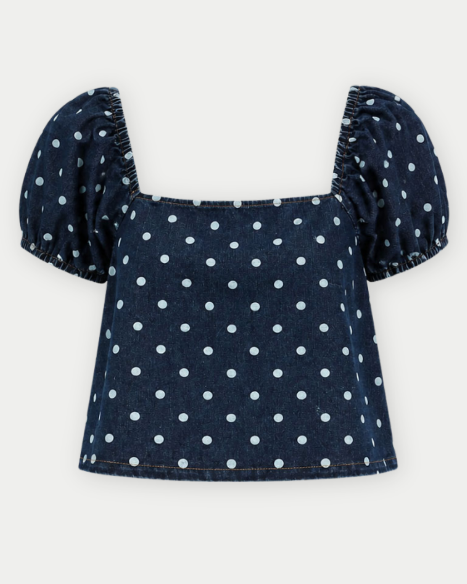 Tilly Square Neck Puff Sleeve Denim Polka Dot Top
