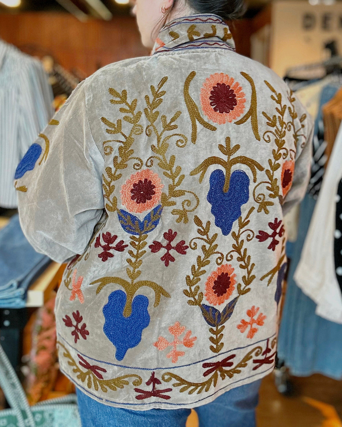 Vine Motifs Embroidered Long Sleeve Contrast Velvet Jacket - Blackbird Boutique