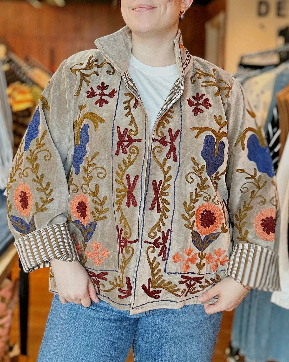 Vine Motifs Embroidered Long Sleeve Contrast Velvet Jacket - Blackbird Boutique