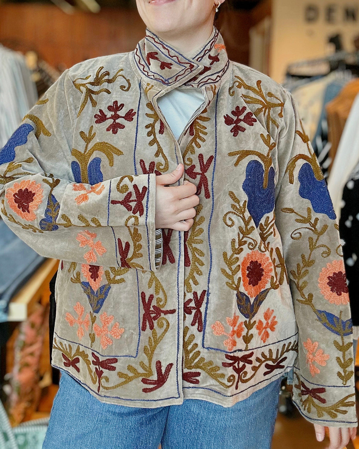 Vine Motifs Embroidered Long Sleeve Contrast Velvet Jacket - Blackbird Boutique