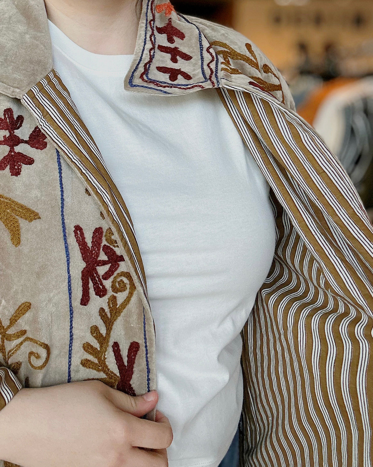 Vine Motifs Embroidered Long Sleeve Contrast Velvet Jacket - Blackbird Boutique