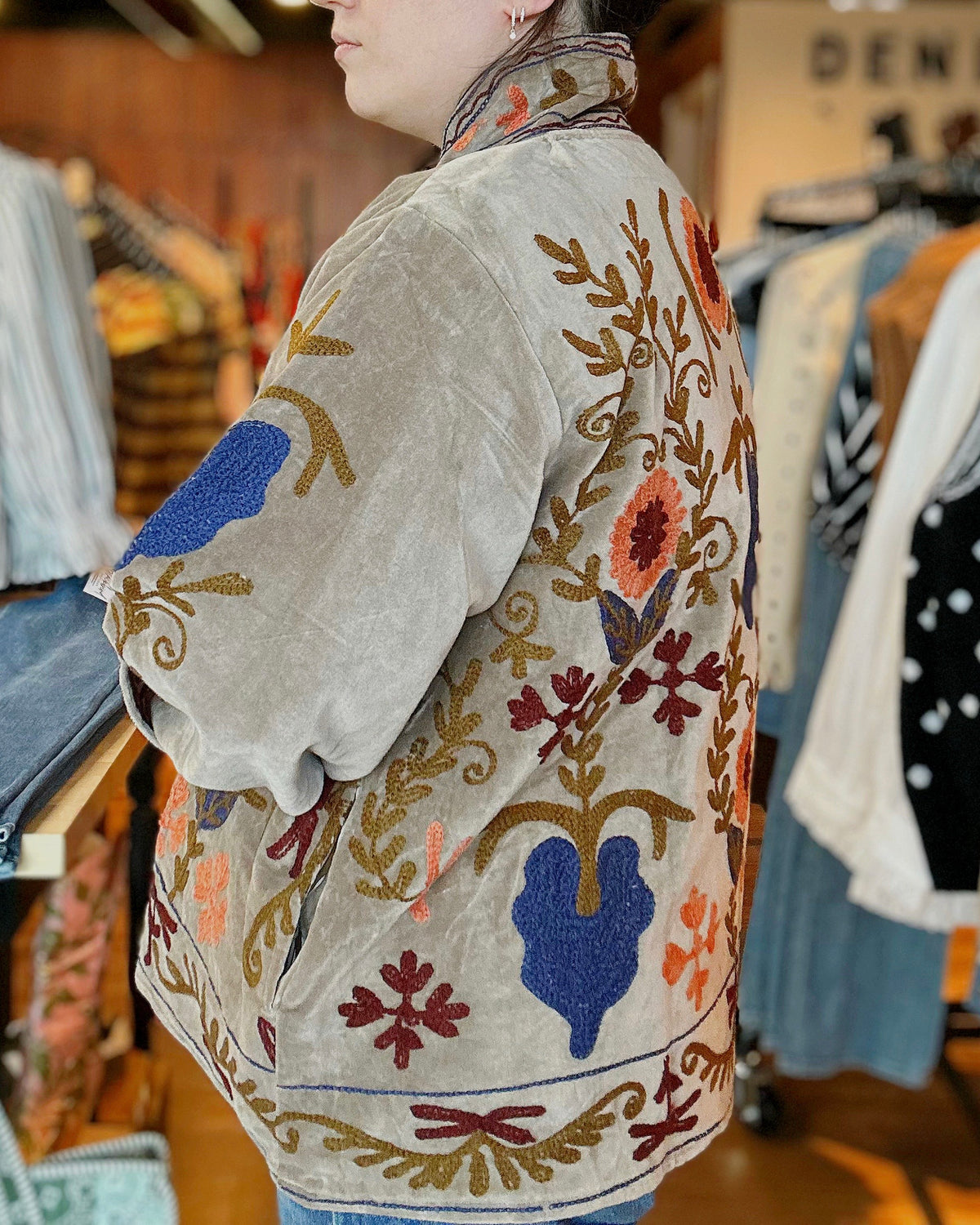 Vine Motifs Embroidered Long Sleeve Contrast Velvet Jacket - Blackbird Boutique