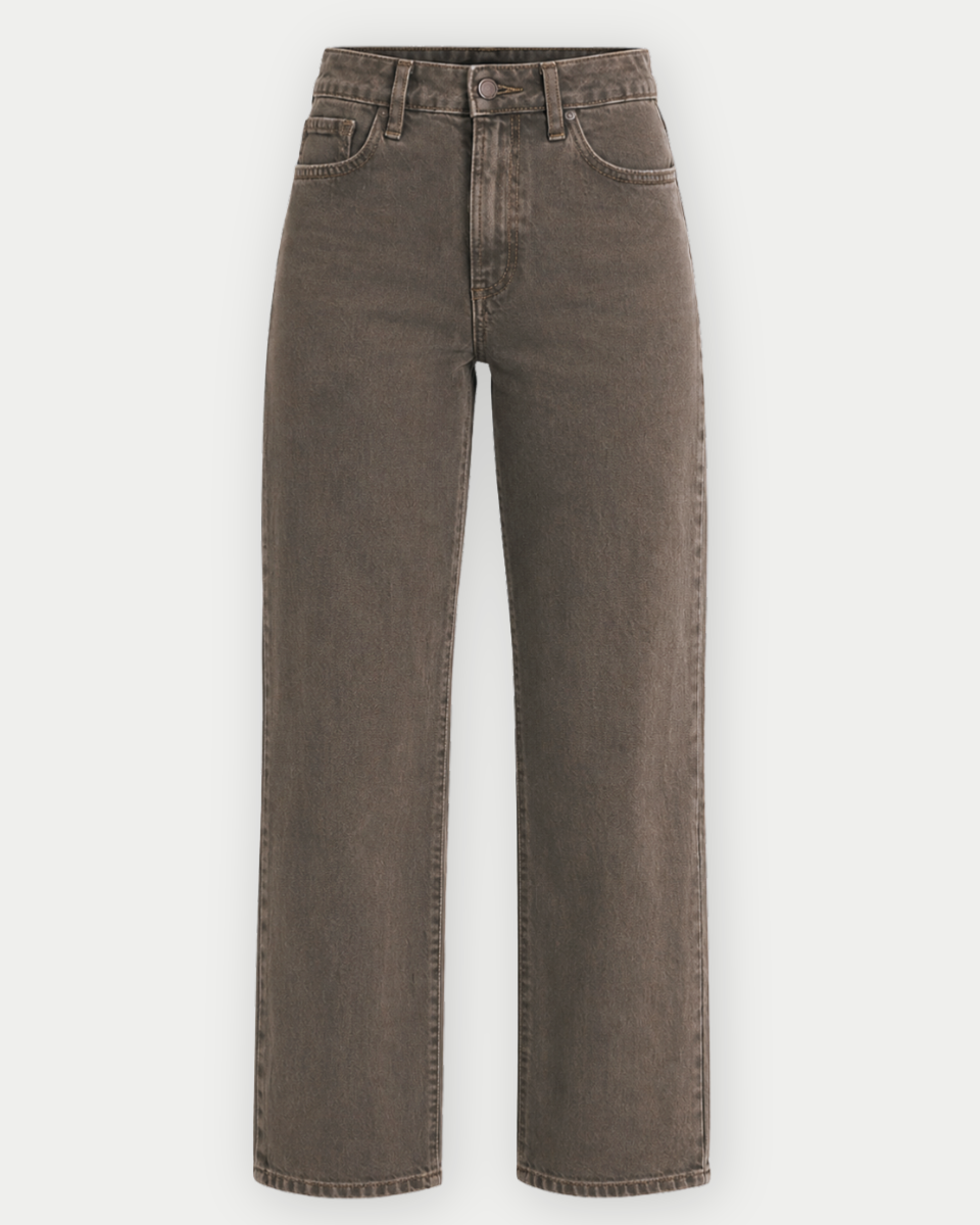 A pair of high-waisted, straight-leg jeans in a washed charcoal gray color, shown against a plain light gray background.