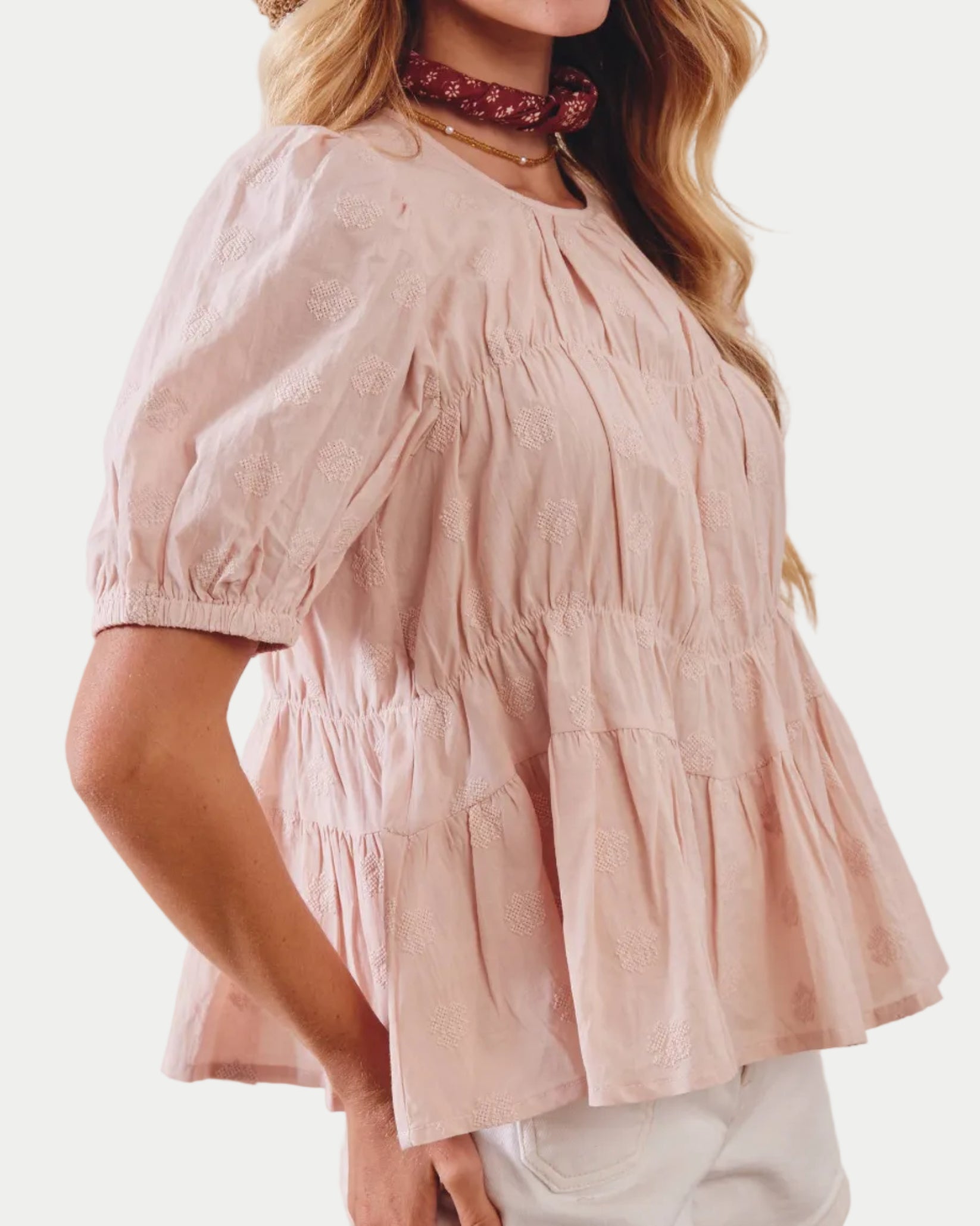 Embroidered Rose Peplum Blouse LT1458: Rose Latte / Contemporary / S - Blackbird Boutique