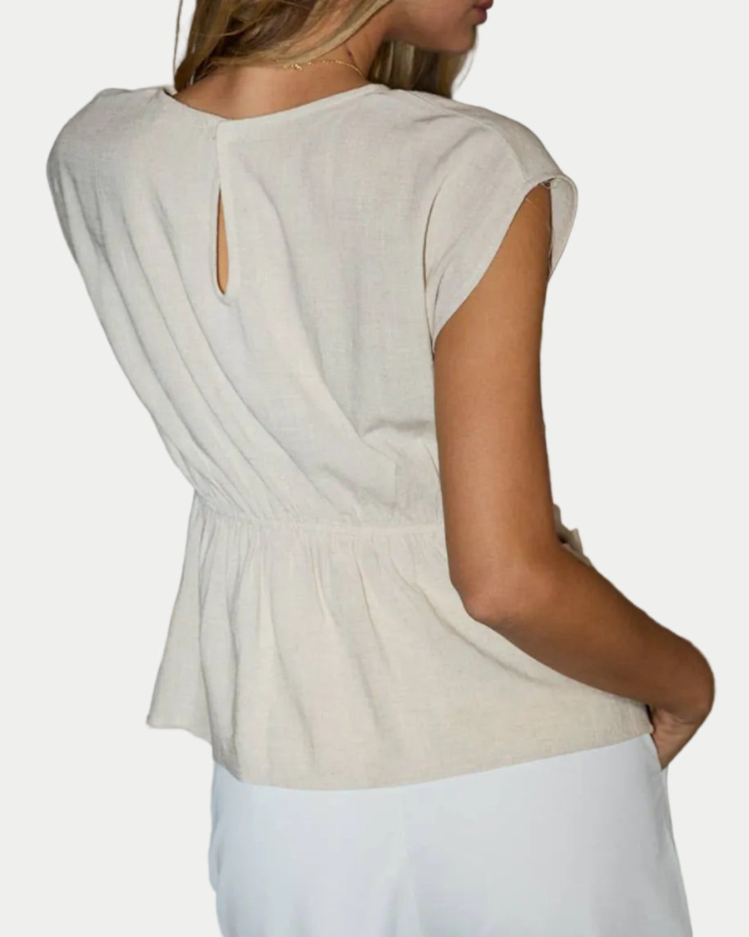 ROUND NECK SHORT SLEEVE WAIST SHIRRING DETAIL TOP - Blackbird Boutique