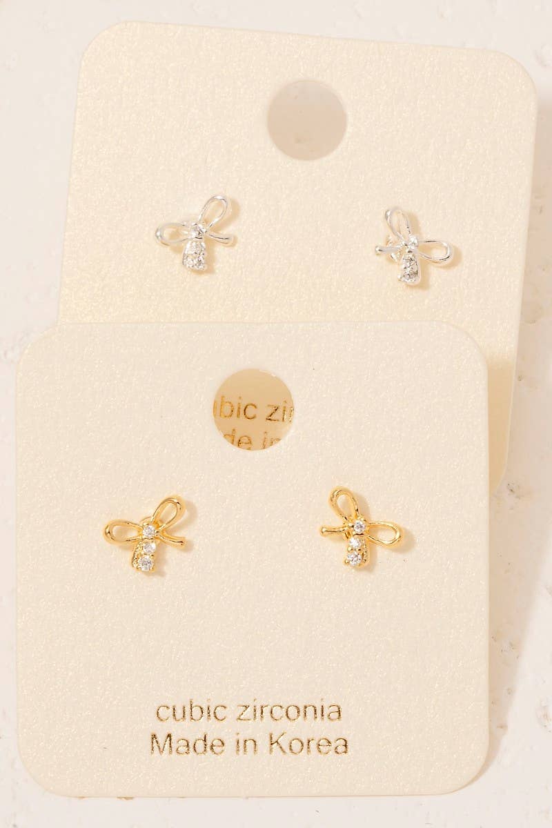 Gold Dipped Mini Cz Bow Stud Earrings - Blackbird Boutique
