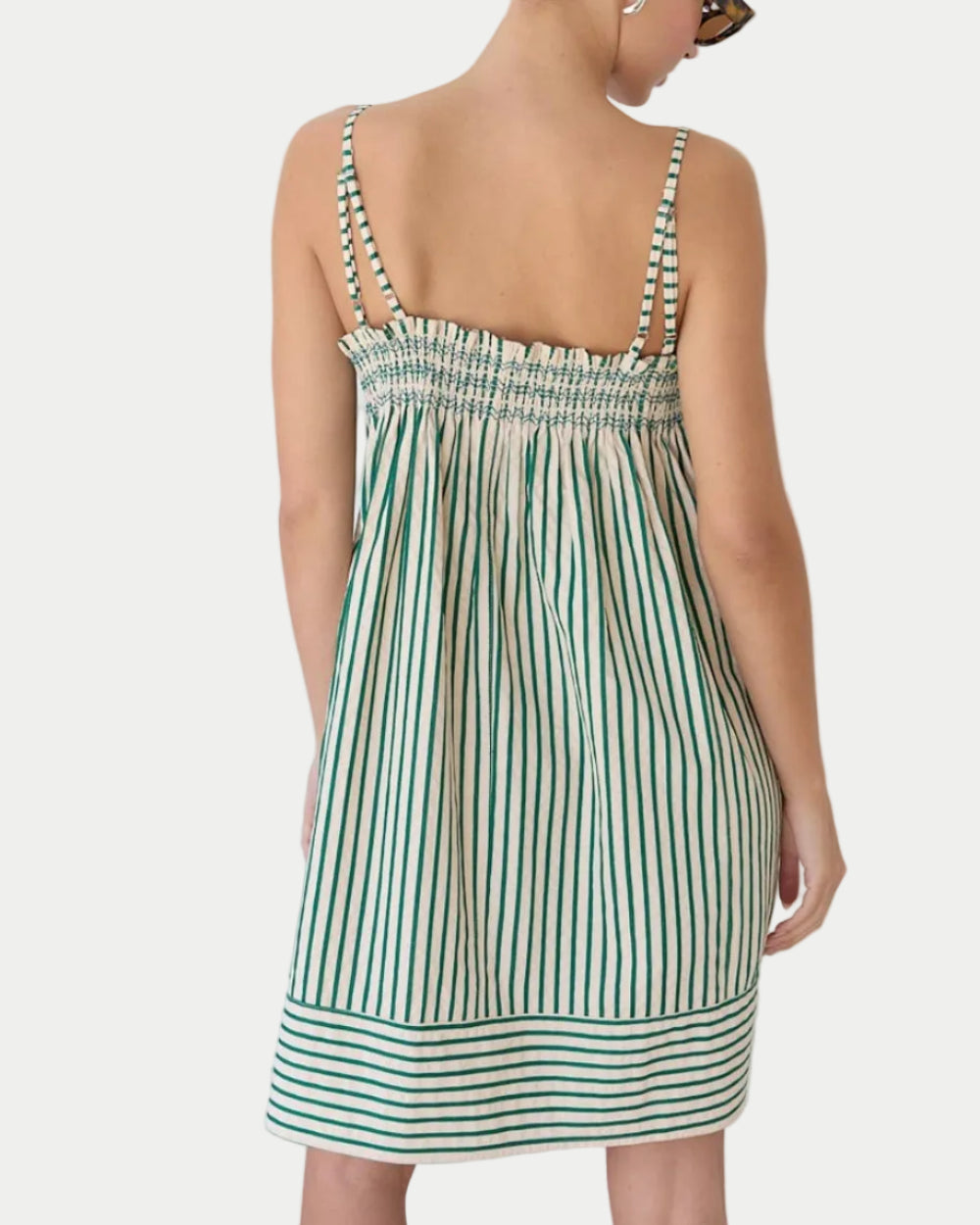 Green Stripe Babydoll Dress on a model rear view on a white background- - Blackbird Boutique
