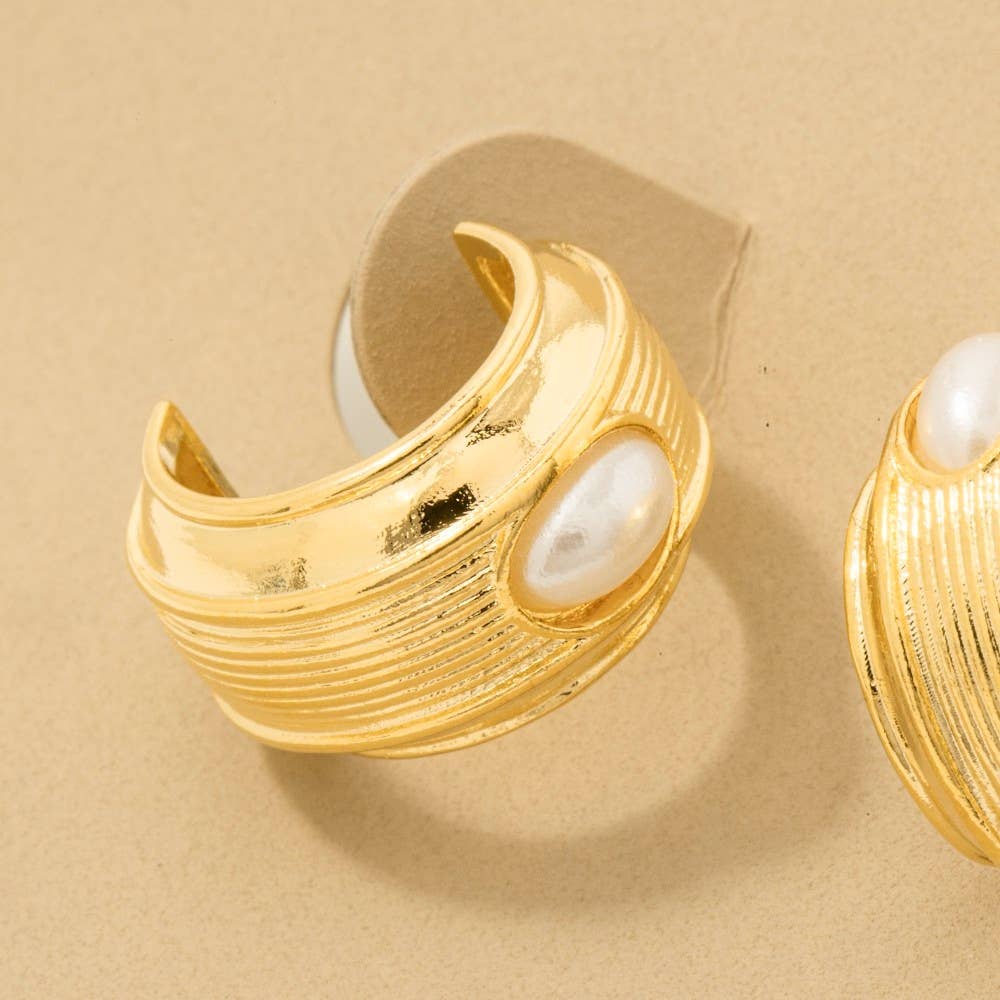 Gold Dipped Oval Pearl Stud Wide Hoop Earrings - Blackbird Boutique