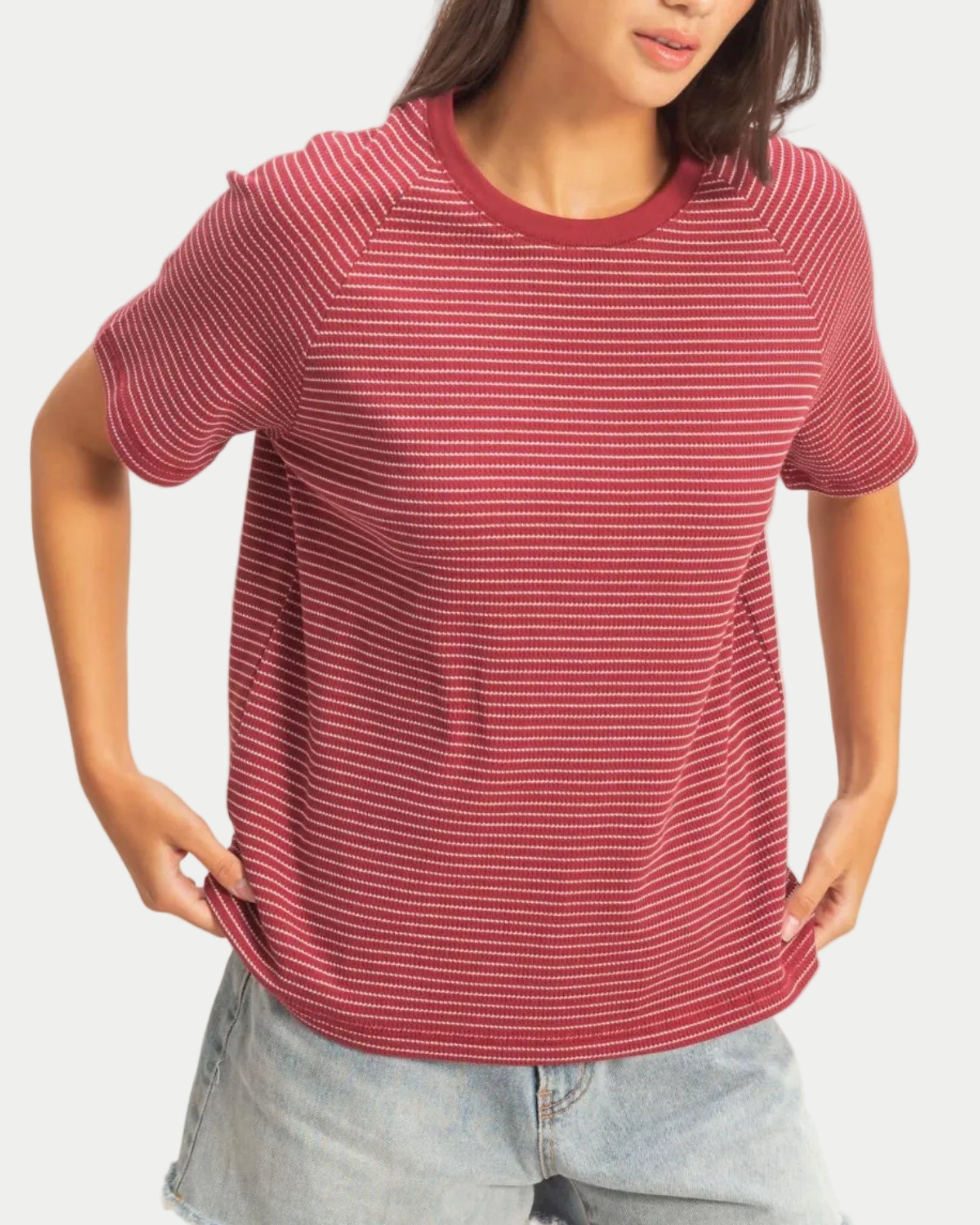 Textured Striped Raglan Sleeve Tee - Blackbird Boutique