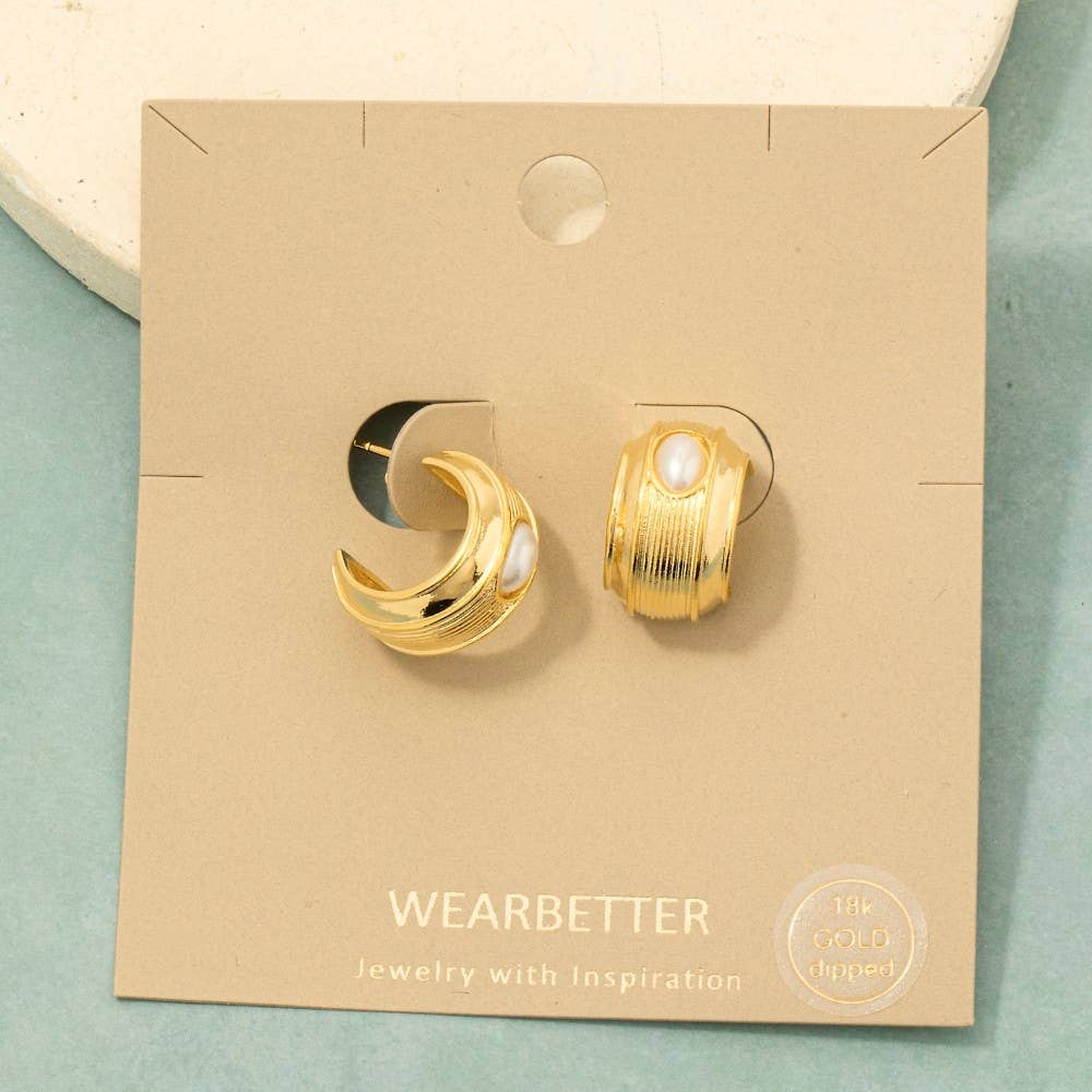 Gold Dipped Oval Pearl Stud Wide Hoop Earrings - Blackbird Boutique