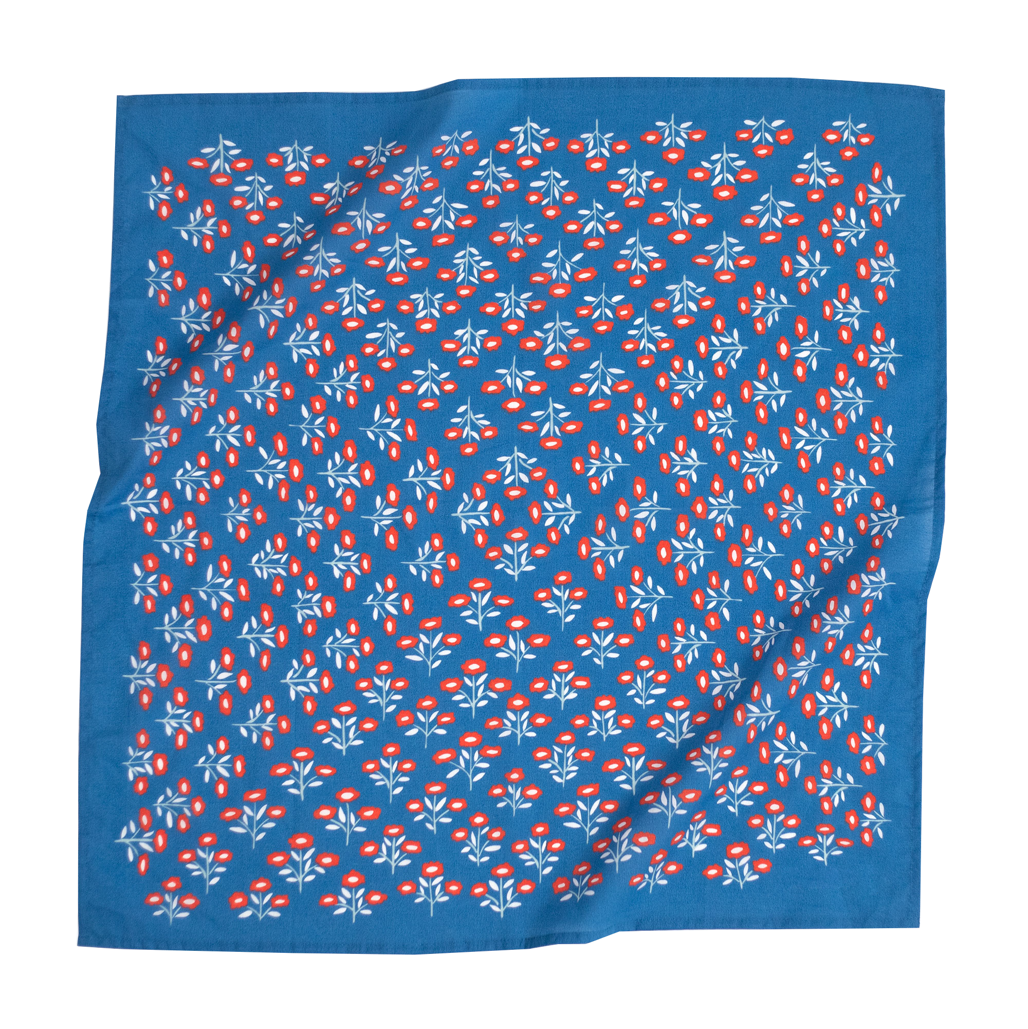 Blue fabric with red and white floral pattern on a white background