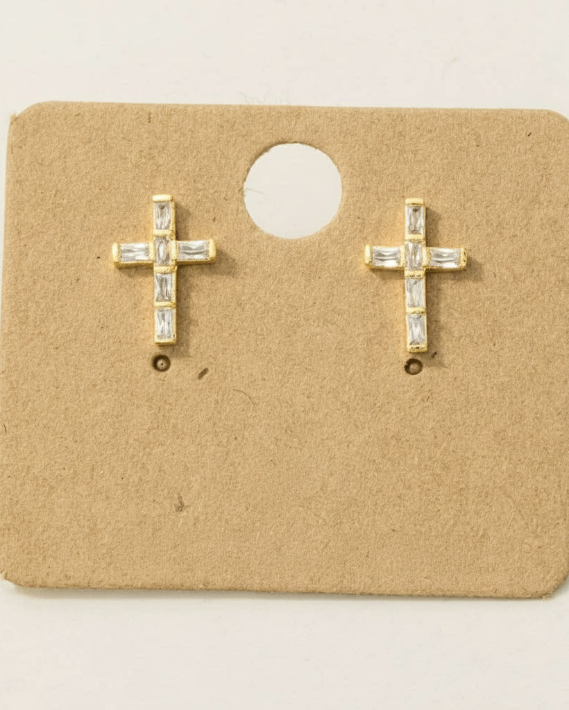 Gold cross earrings on a cardboard backing with '18K Gold Dipped' text.