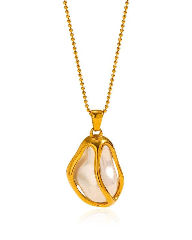 Gold pendant necklace with a white stone on a white background