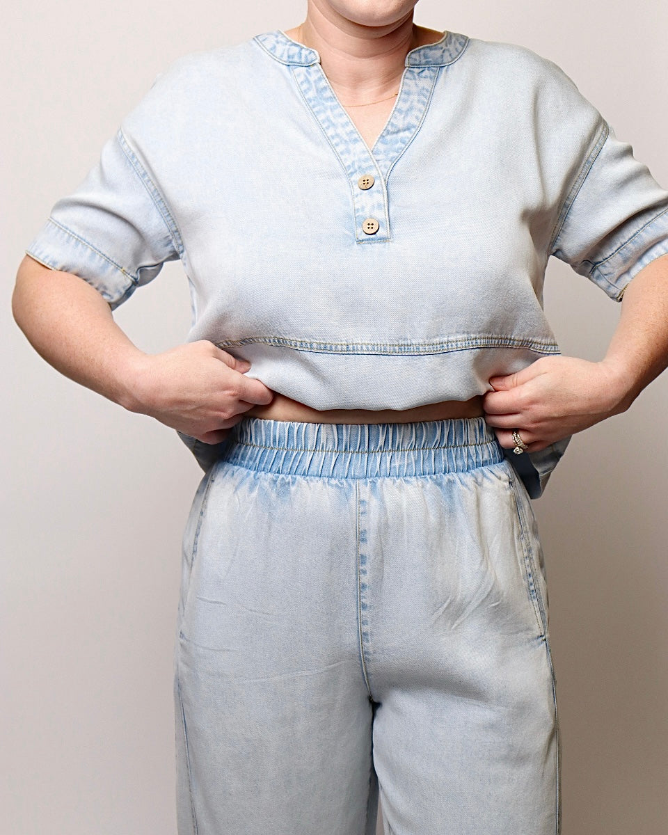 Tori Elastic Waist Washed Denim Pants