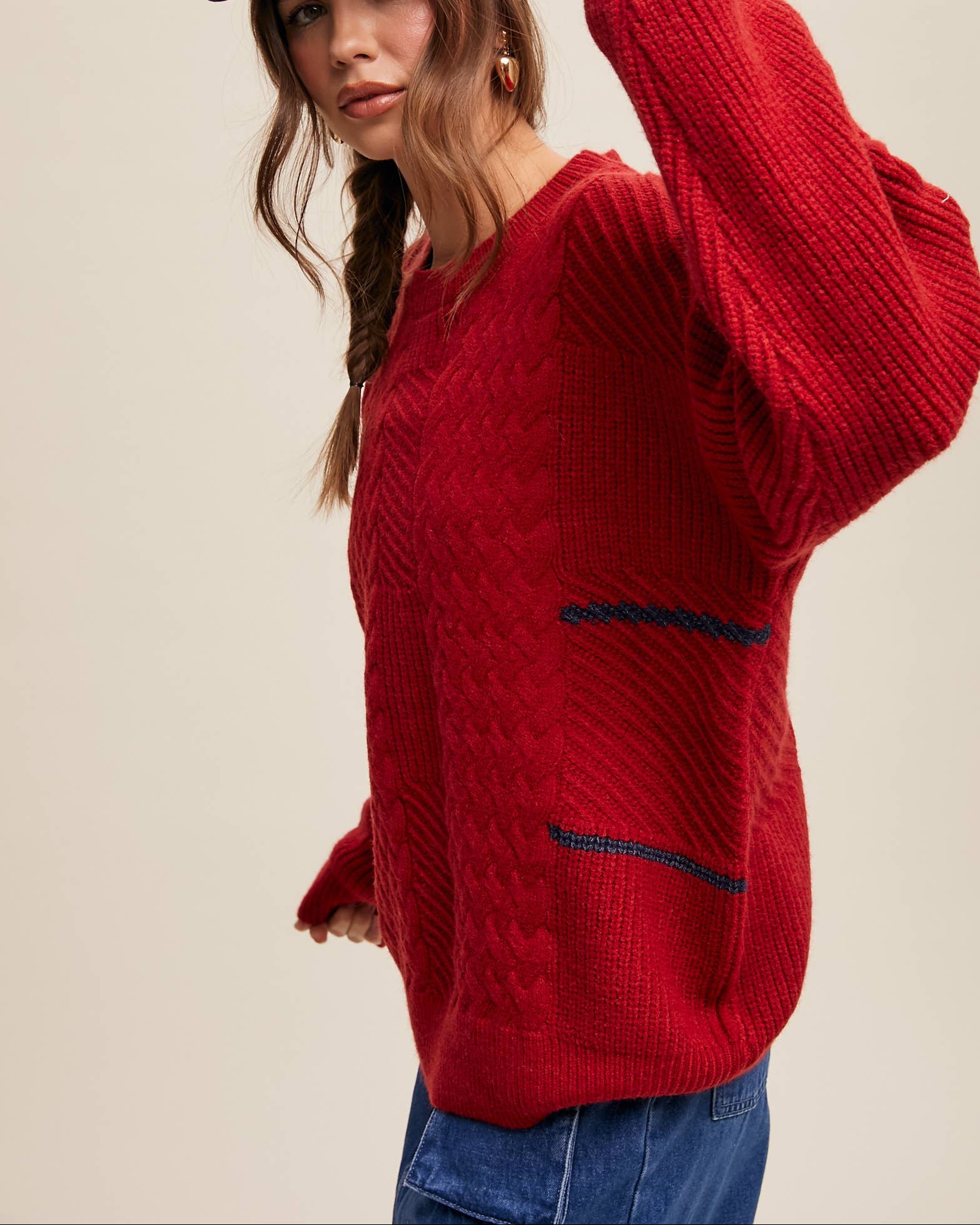 Blackbird Boutique cable knit pullover sweater in red with navy contrast stitching
