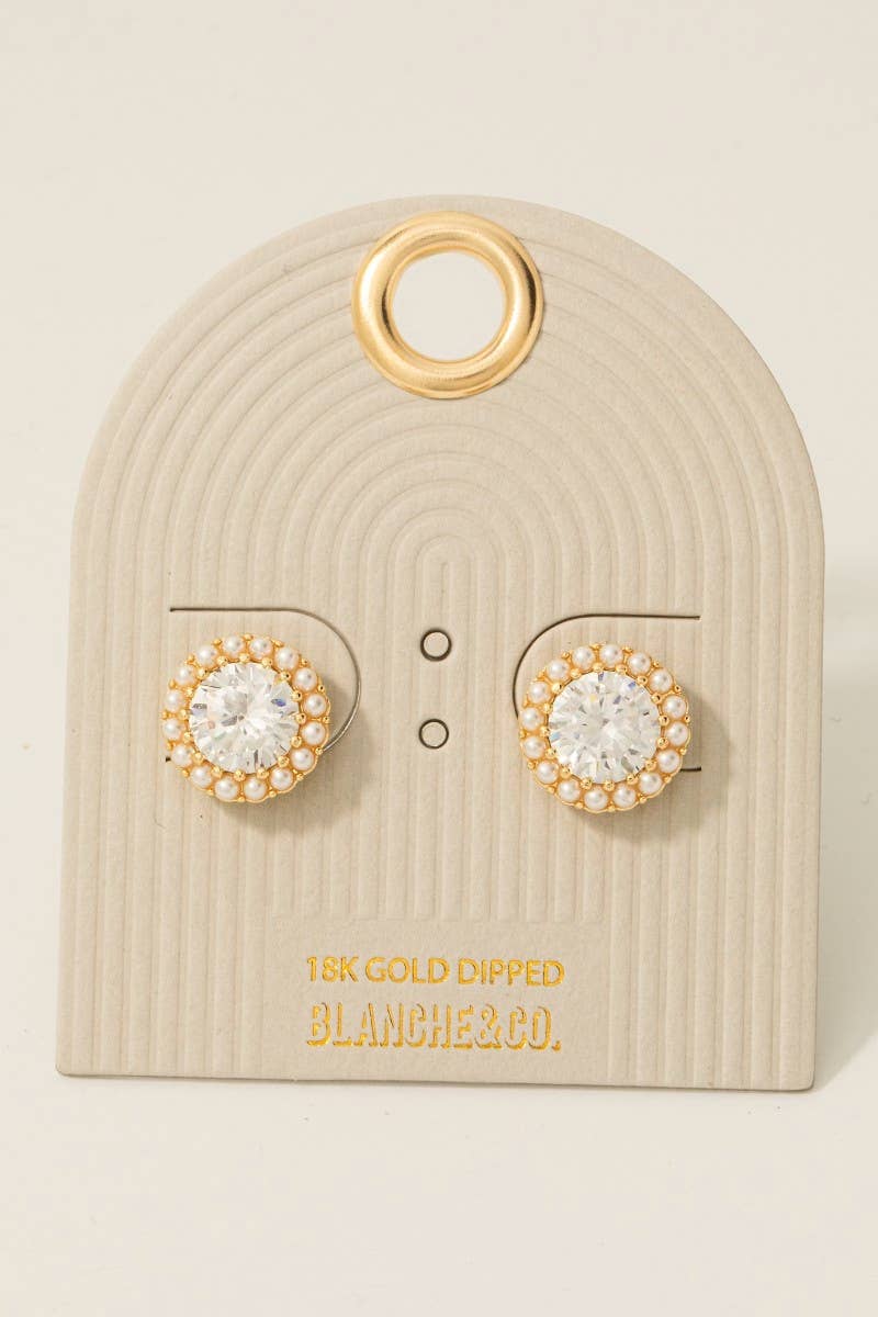 Gold Dipped Pearl Halo Set Cz Stud Earrings - Blackbird Boutique