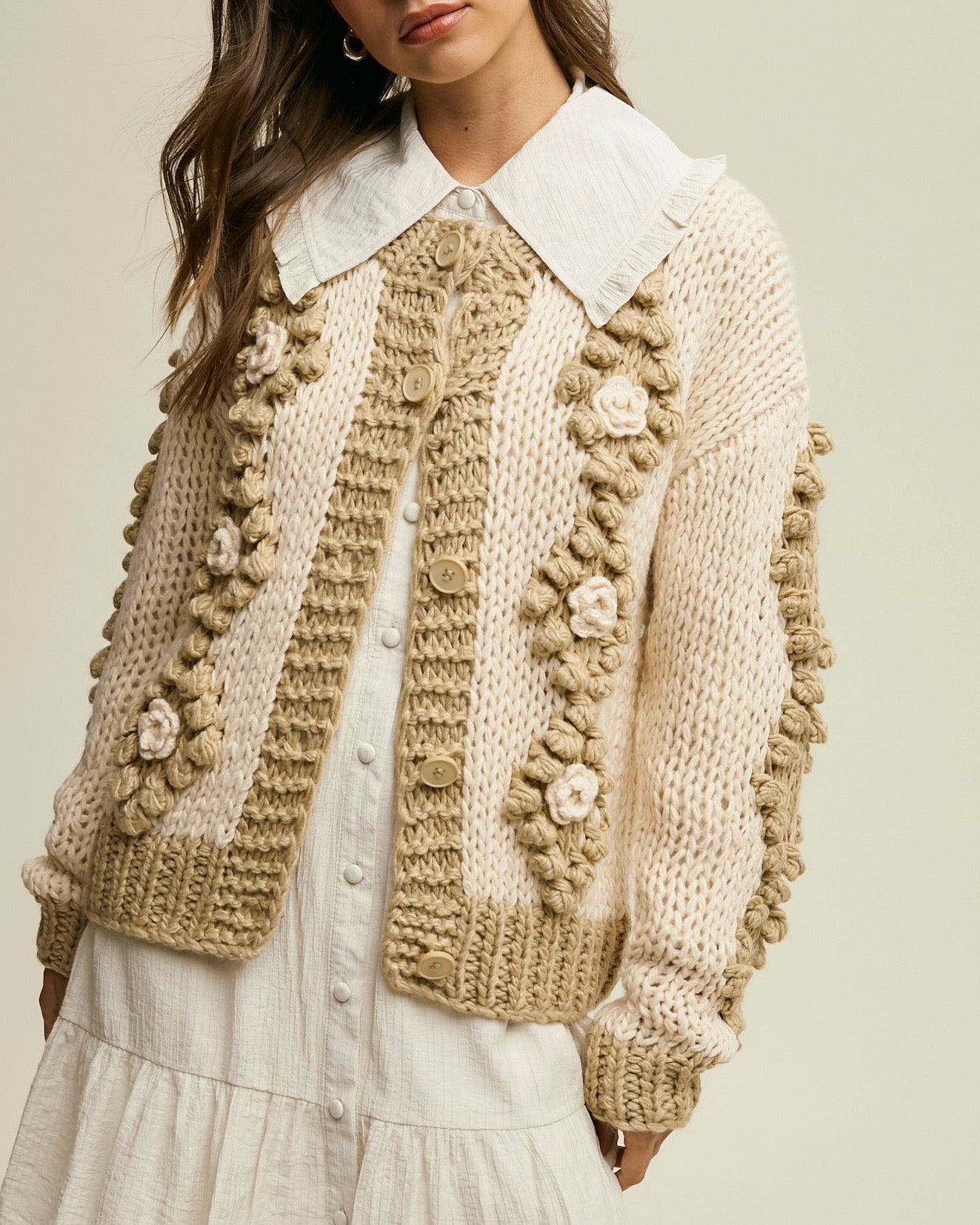 FLOWER DETAIL TUFTED DOT HAND CROCHET CARDIGAN - TAUPE - Blackbird Boutique