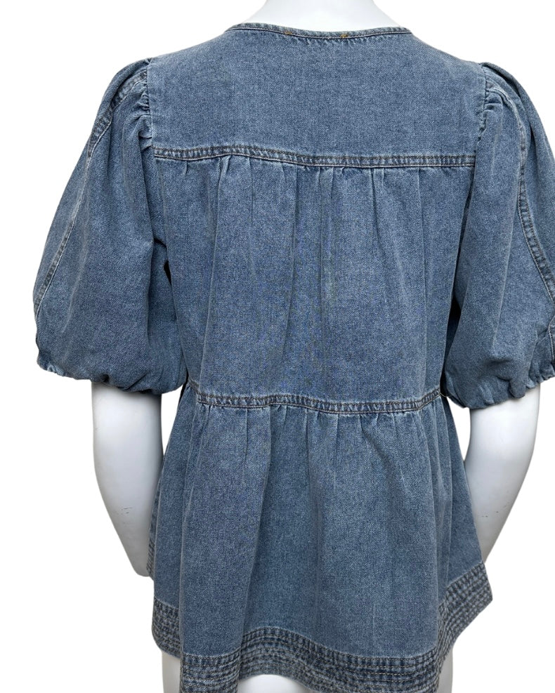 Denim Tie Front Tiered Top with Bubble Sleeves