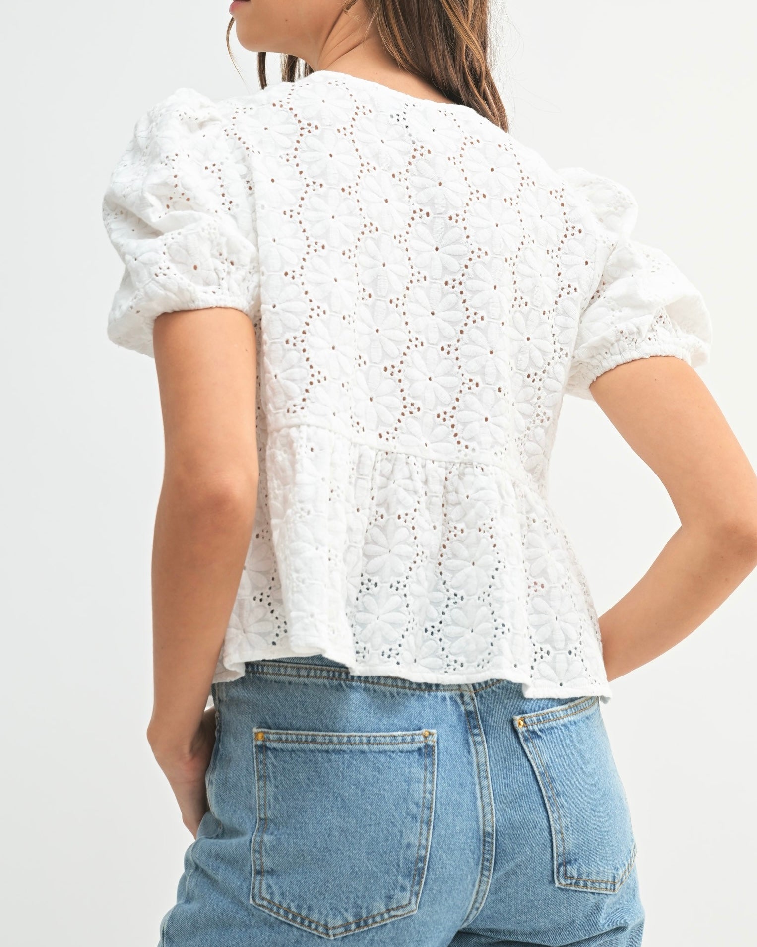 Eyelet Puff Sleeve Bottom Ruffle Front Tie Top in Off White - Blackbird Boutique