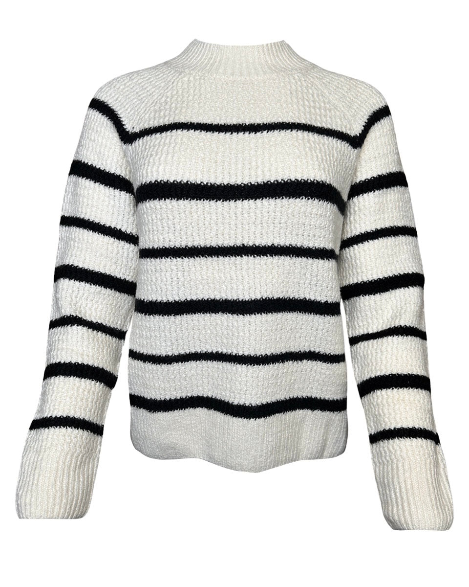 Stripe High Neck Knit Pullover Sweater in Oatmeal/Black