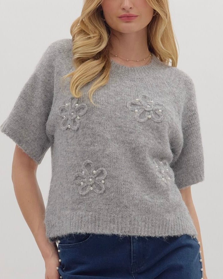 Super Soft Short Sleeve Sweater with Pearl Accents - Blackbird Boutique