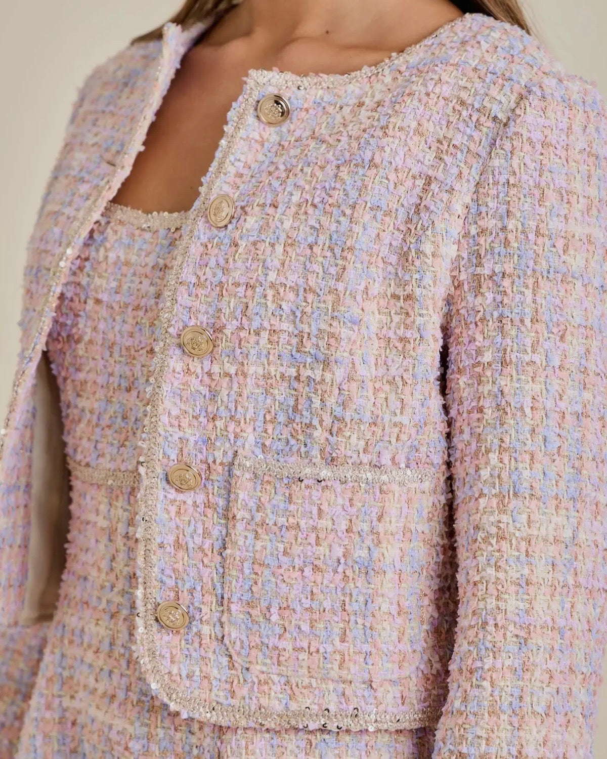 Sequin Braid Detailed Round Neck Tweed Jacket - Blackbird Boutique