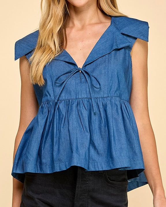 Denim Collared Peplum Top - Blackbird Boutique