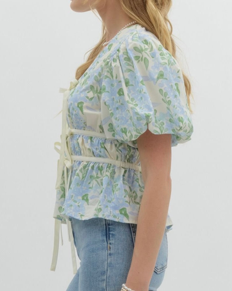 Floral Tie Front Top in Cream/Blue