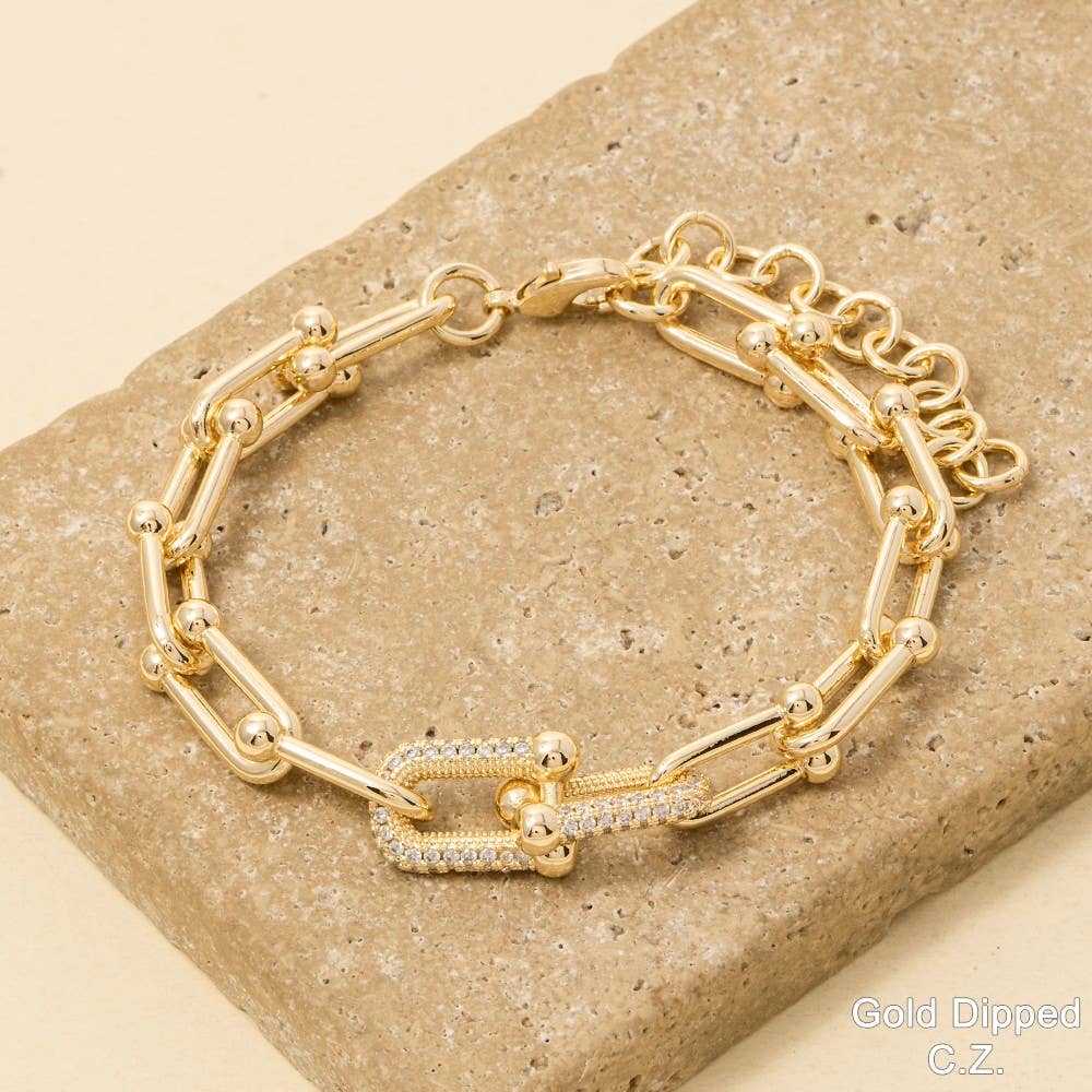Gold Dipped Cz Pave U Link Chain Bracelet - Blackbird Boutique