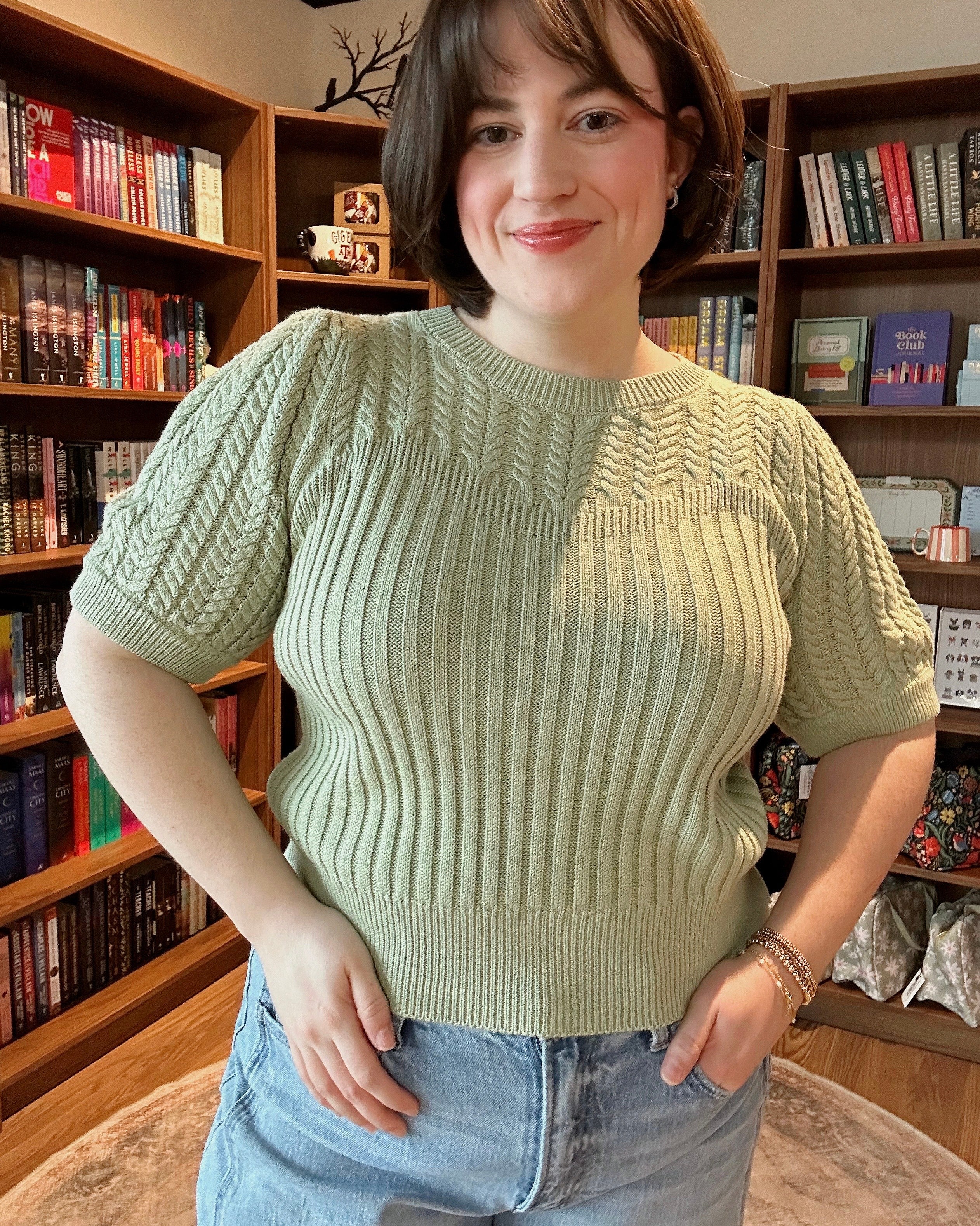 ROUND NECK PUFF SHORT SLEEVE CABLE SWEATER - Blackbird Boutique