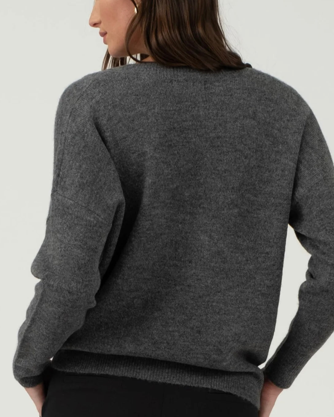 Solid V-Neck Drop Shoulder Knit Sweater in Charcoal