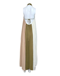 PLEATED HALTER MAXI DRESS IN OLIVE MULTI - Blackbird Boutique