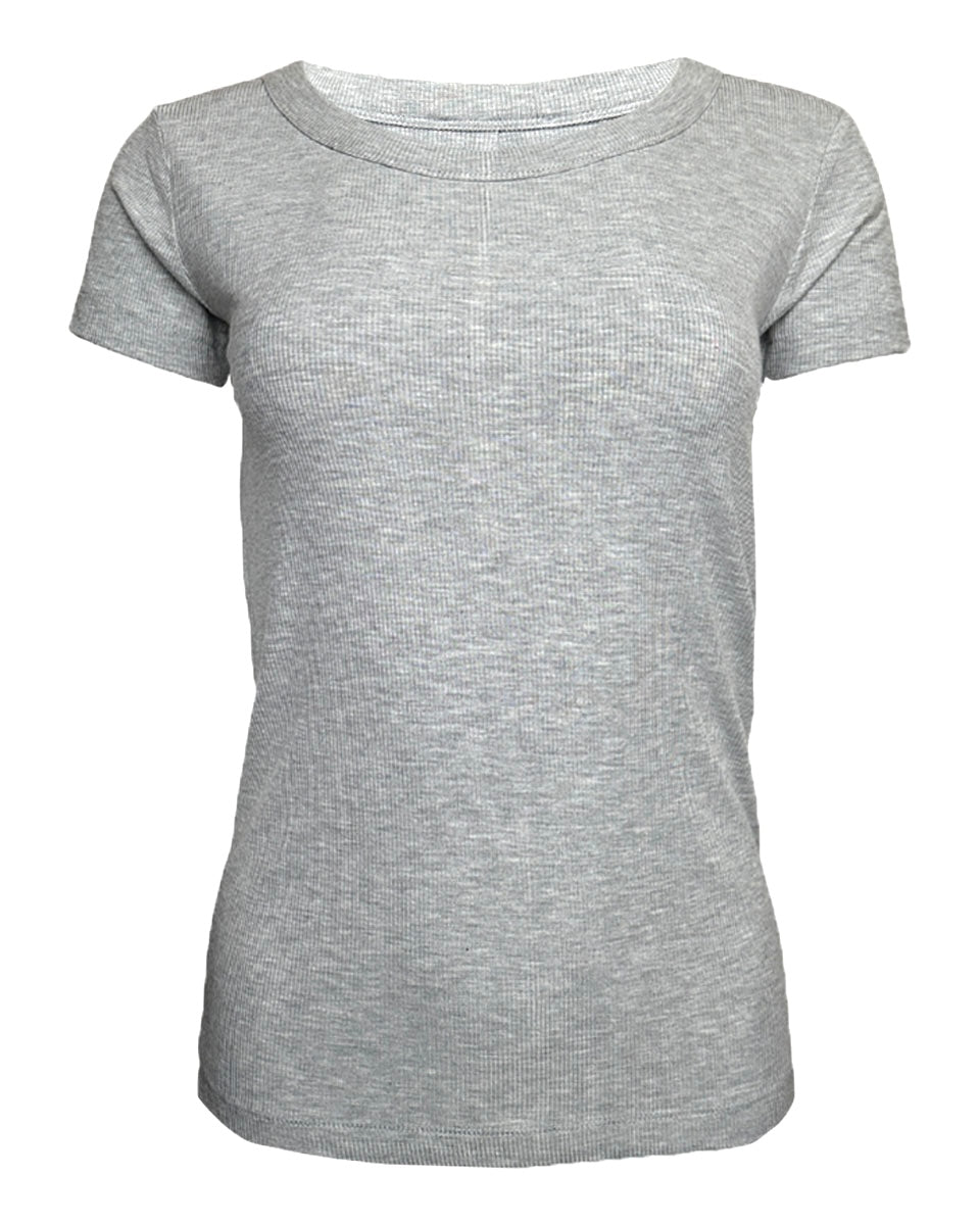 Ribbed Round Neck Short Sleeve T-Shirt in Heather Grey