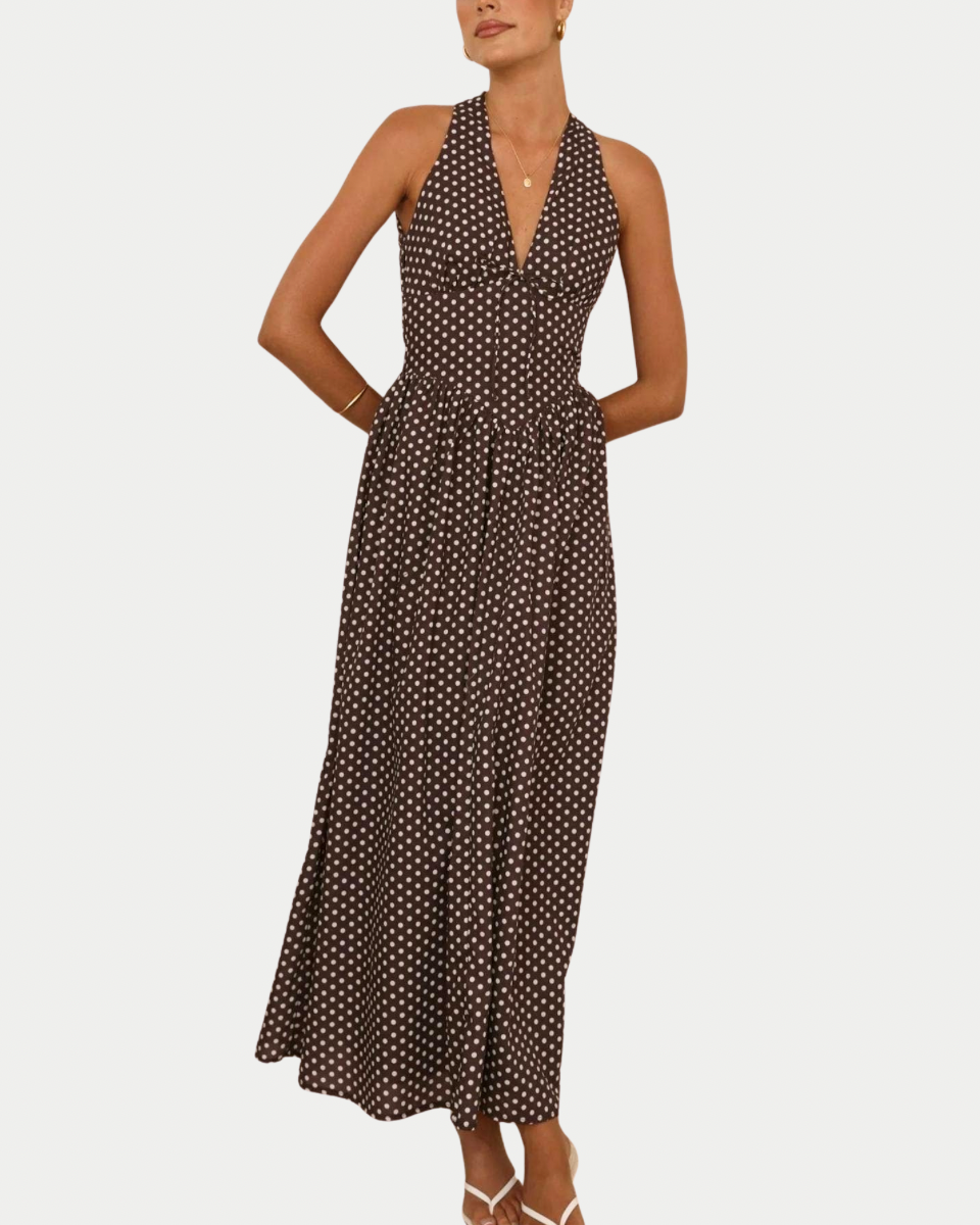 Vivian Dark Brown Polka Dot Halter Dress - Blackbird Boutique
