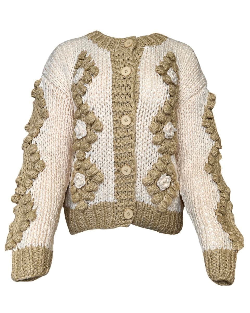 FLOWER DETAIL TUFTED DOT HAND CROCHET CARDIGAN - TAUPE - Blackbird Boutique