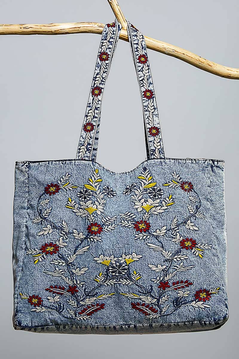 Patch Pocket Embroidered Straps Textured Woven Tote Bag