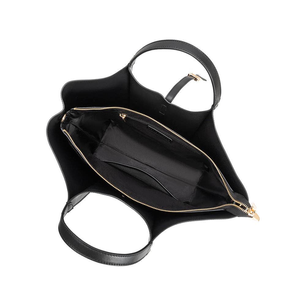 Black handbag with gold zipper closure on a white background