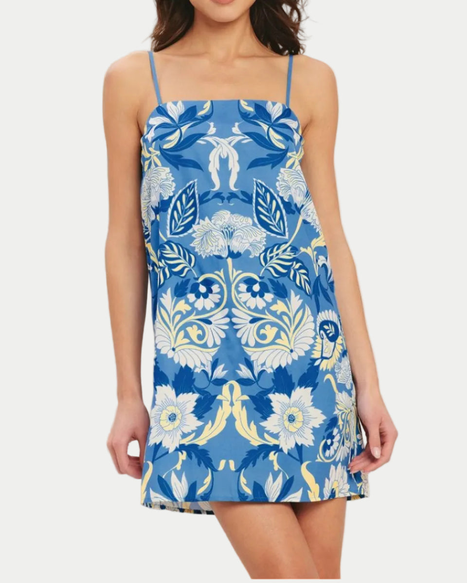 blue floral Mini Dress on a white background- Blackbird Boutique