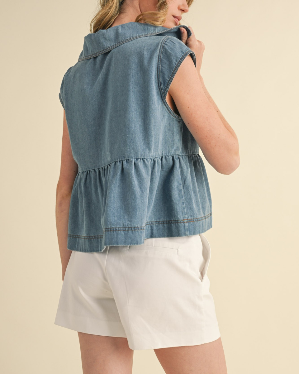 Front Tie Cap Sleeve Top in Blue Denim - Blackbird Boutique