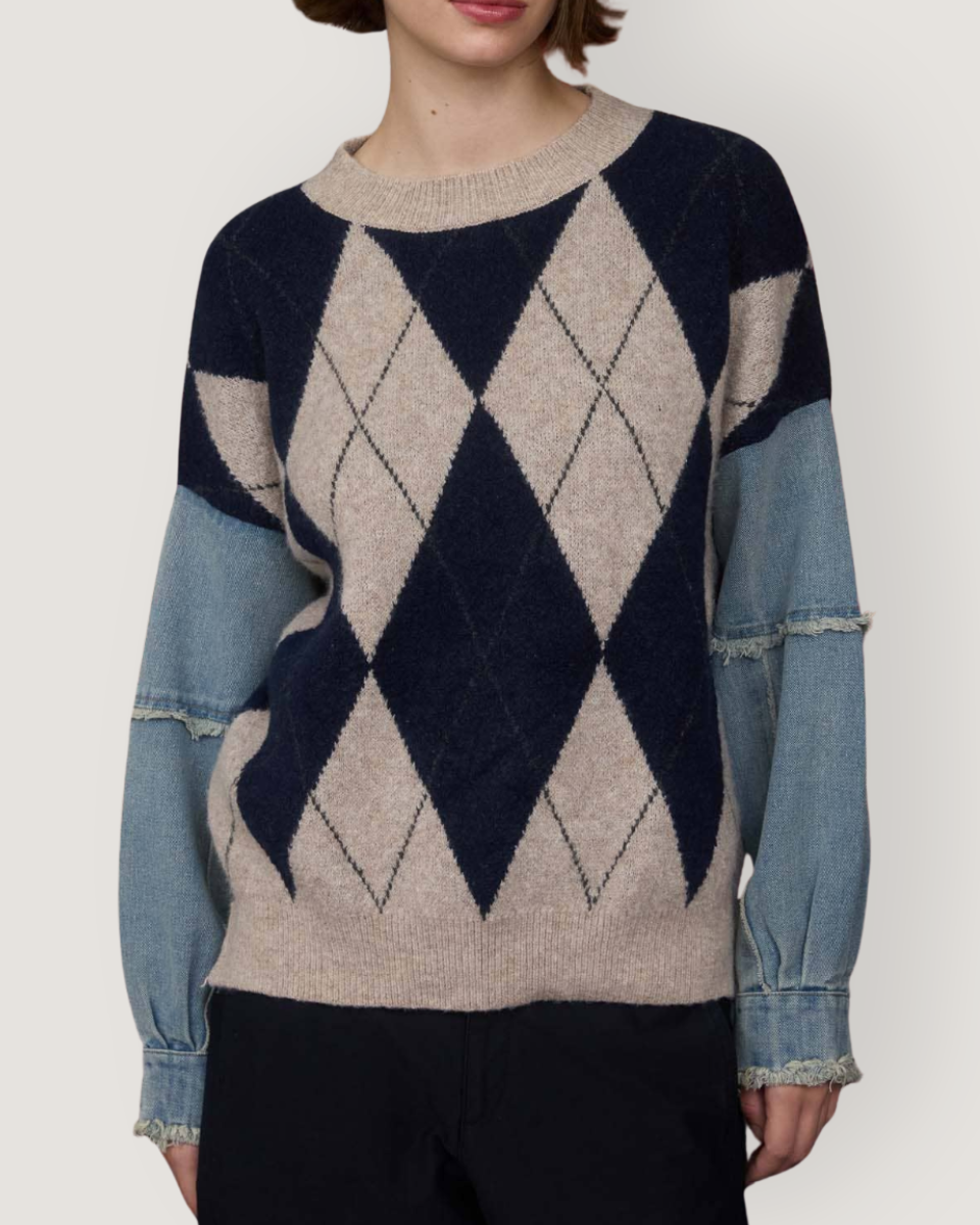 Argyle Distressed Denim Sleeve Knit Sweater