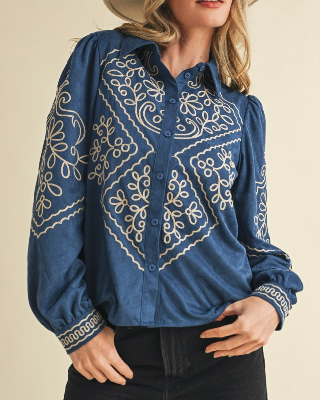 Embroidered Suede Feel Button Front Top