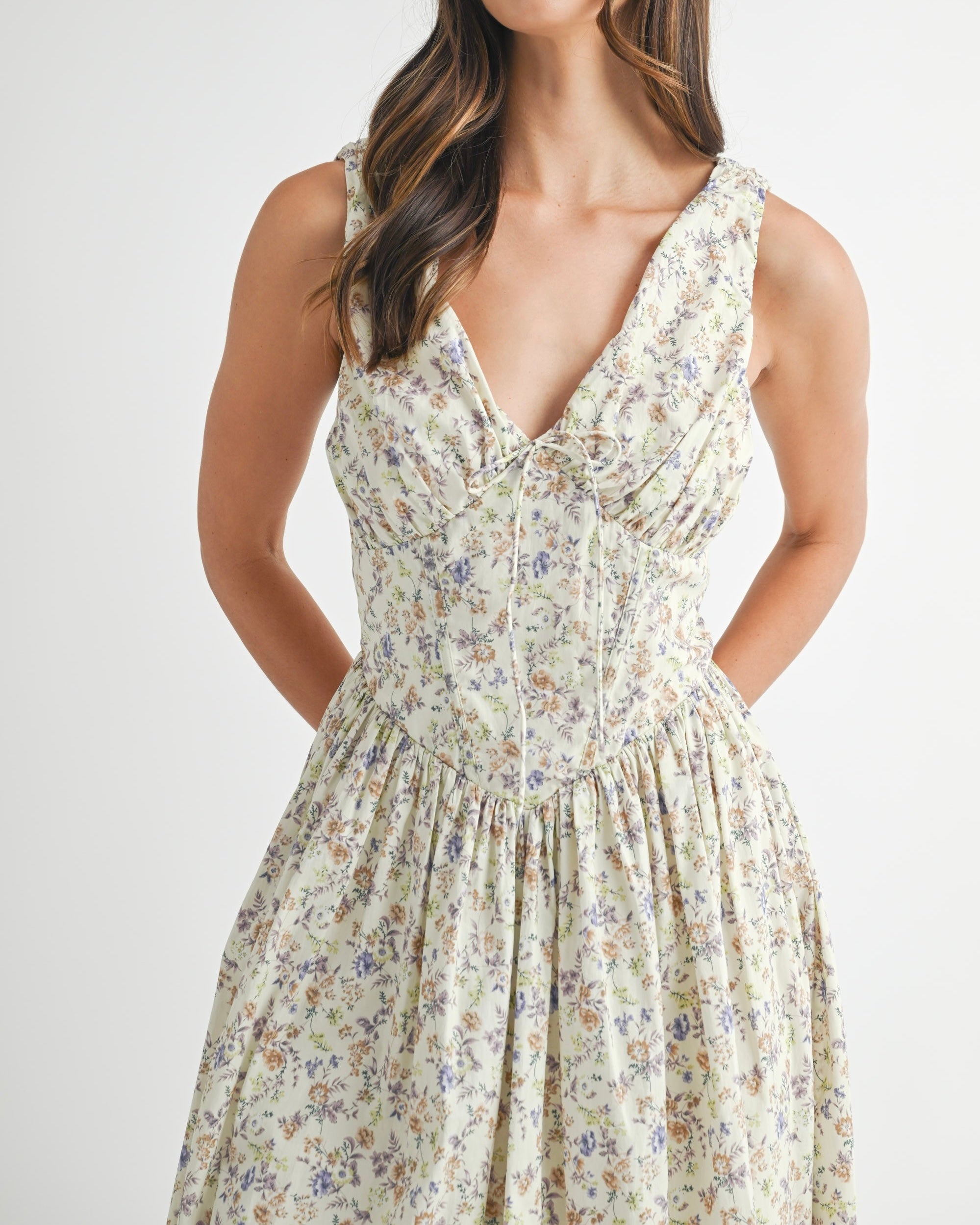 Bustier Body Floral Printed Midi Dress in Lavender