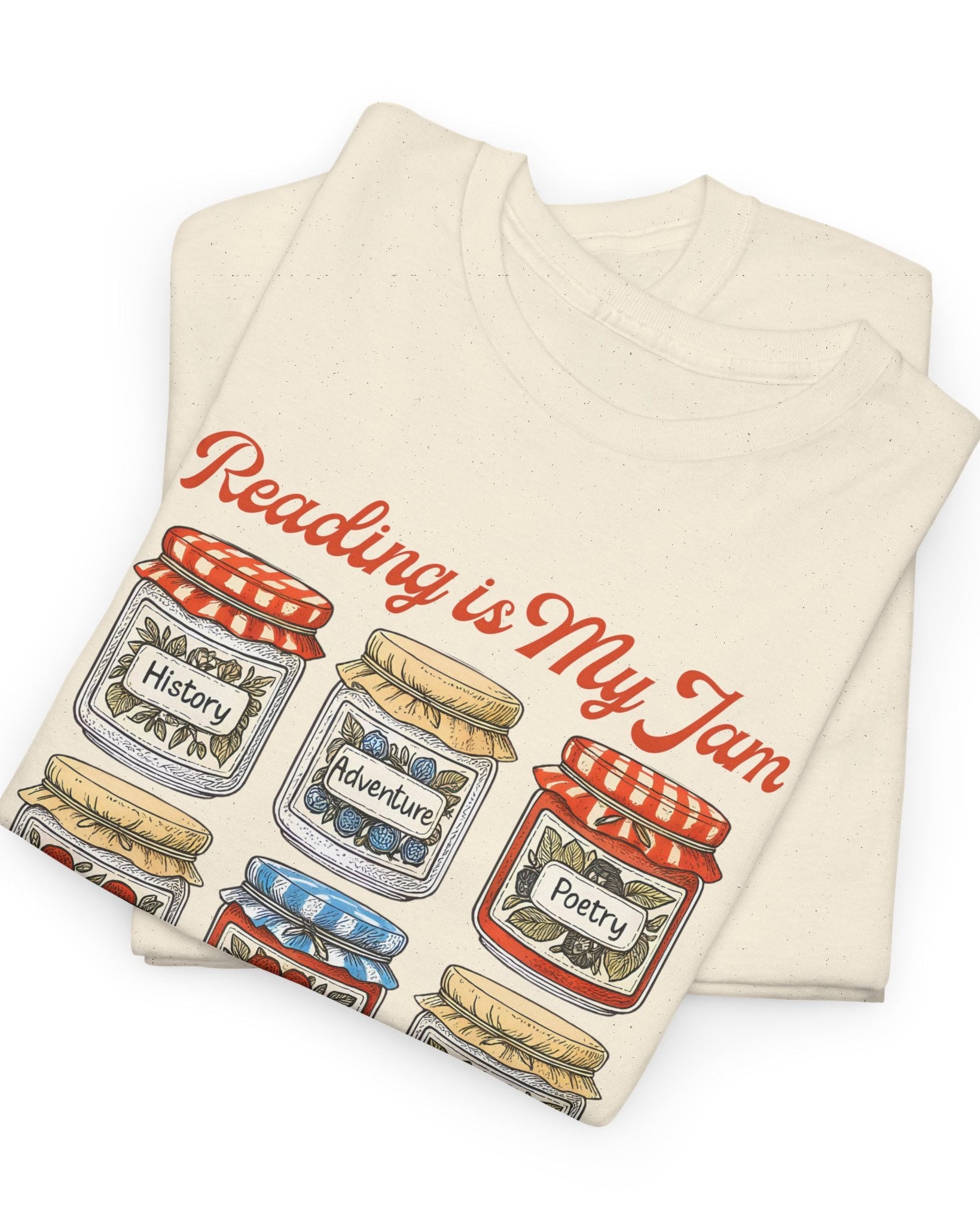 Folded towel with 'Reading is My Jam' design featuring jars on a white background