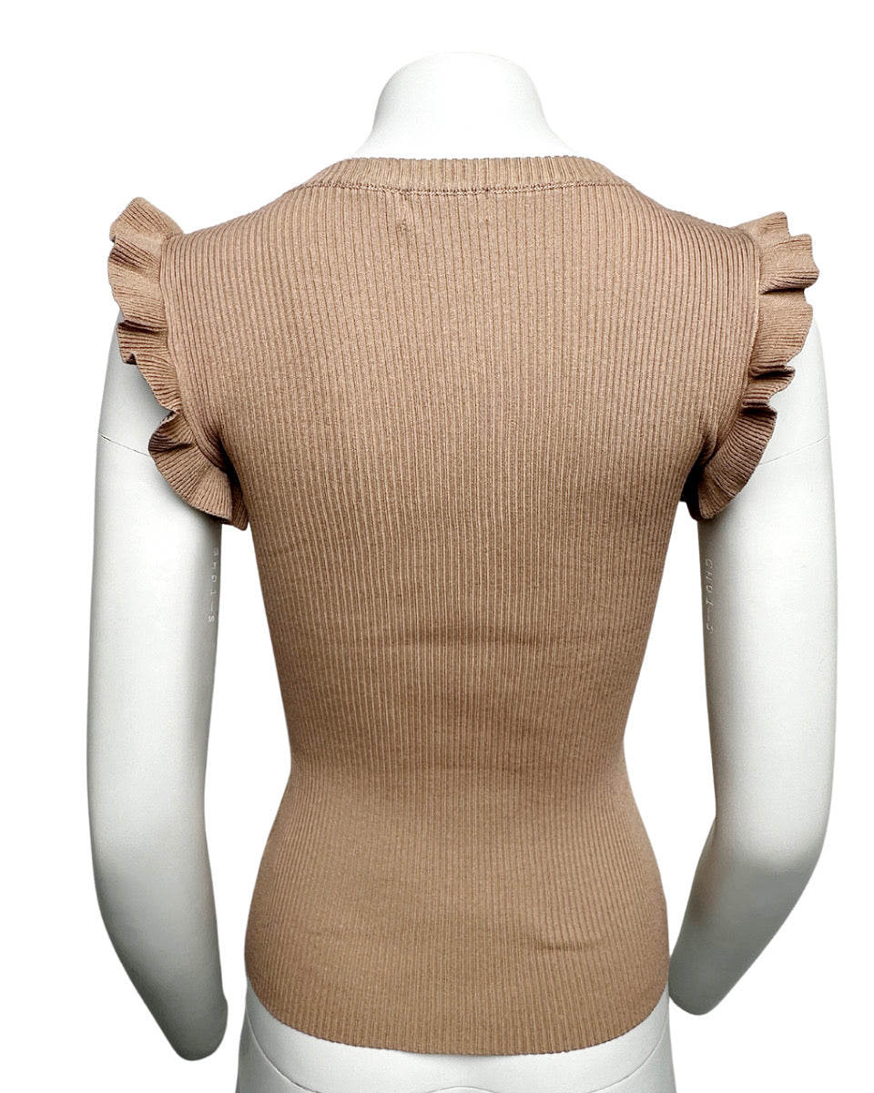 Ruffle Sleeve Ribbed Knit Top in Lt. Taupe - Blackbird Boutique