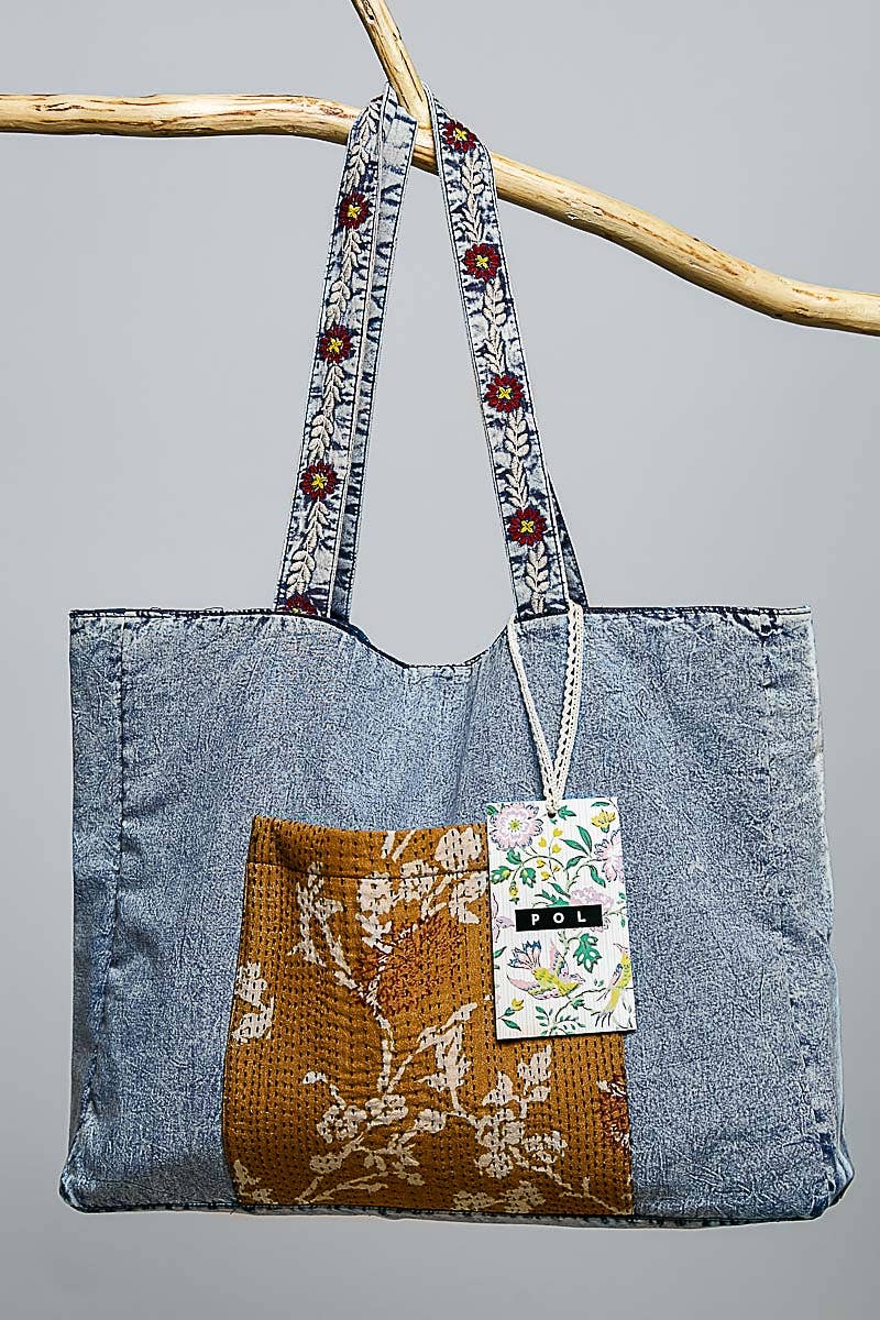 Patch Pocket Embroidered Straps Textured Woven Tote Bag