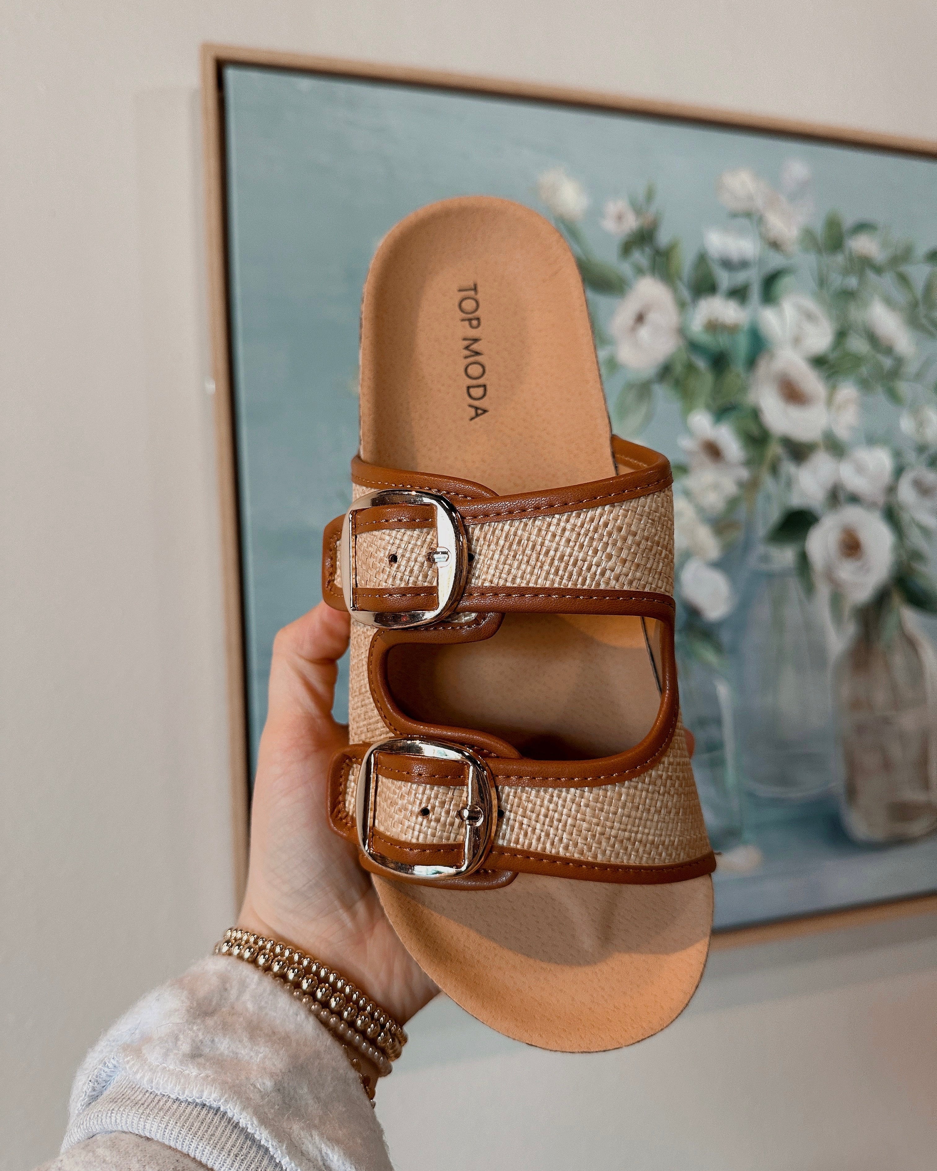 Double Buckle Raffia Sandals